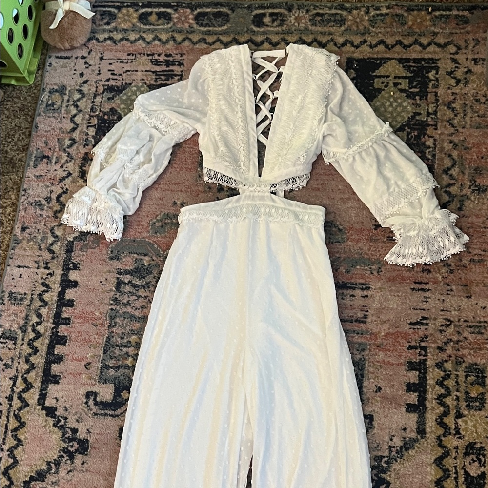 RoseVelvet White Lace Bridal Jumpsuit | Swiss Dot | Lace-Up Back | Size L